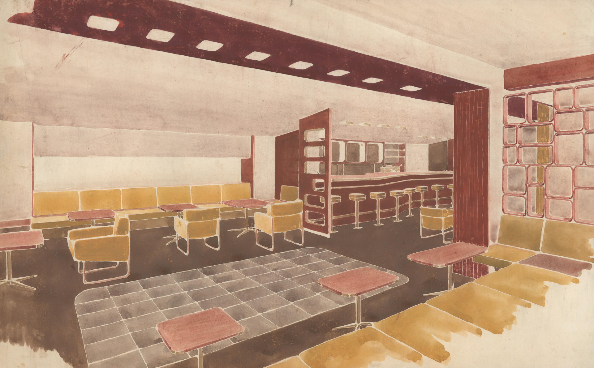 Po polovině 60. let se Jaroslav Šmídek jako výtvarník na volné noze živil navrhováním interiérů kin, obřadních síní, pracoven a dalších veřejných prostor. Dochovaly se záznamy evidující celkem více než 100 zakázek, z nichž přes 30 se vztahuje k městu Brnu. Jednou z nich je i tento návrh interiéru baru.