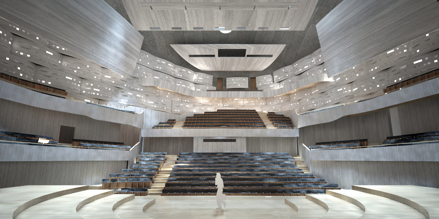 Připravovaný koncertní síň v Ostravě podle návrhu amerického studia Steven Holl Architects + Architecture Acts z Prahy, koncertní sál. Zdroj: Statutární město Ostrava
