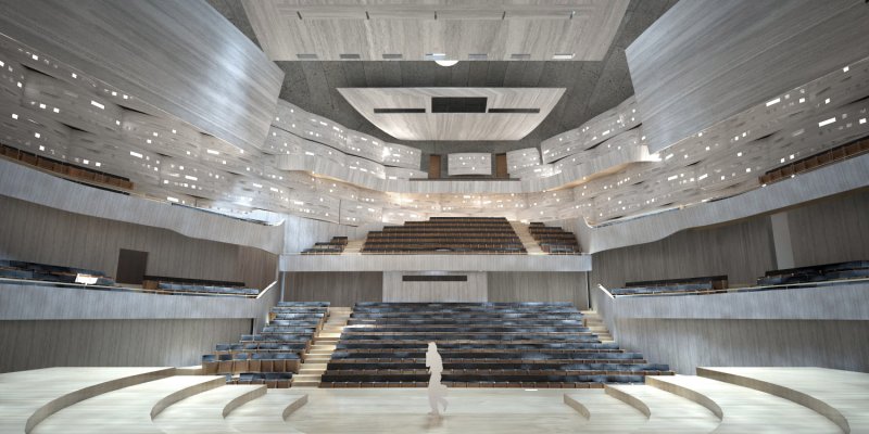 Připravovaný koncertní síň v Ostravě podle návrhu amerického studia Steven Holl Architects + Architecture Acts z Prahy, koncertní sál. Zdroj: Statutární město Ostrava