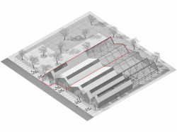 Axonometrie (celkový návrh - červenou zvýrazněné realizované etapy)