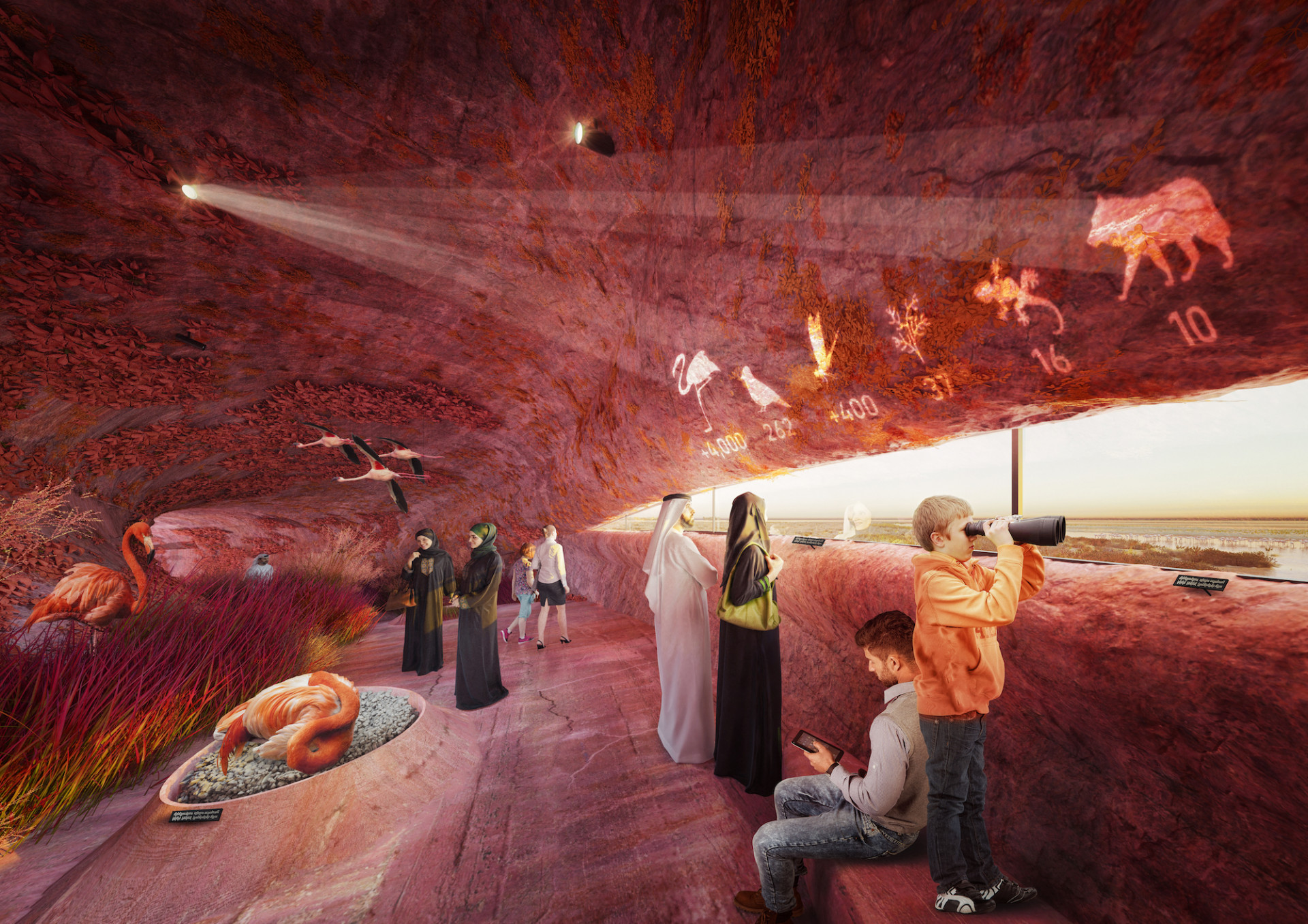 Vítězný návrh studia Petr Janda / brainwork na návštěvnické centrum rezervace plameňáků v Abu Dhabi. Vizualizace: Mykhaylo Slyusar, sdar.cz