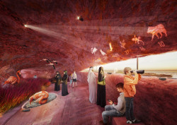 Vítězný návrh studia Petr Janda / brainwork na návštěvnické centrum rezervace plameňáků v Abu Dhabi. Vizualizace: Mykhaylo Slyusar, sdar.cz