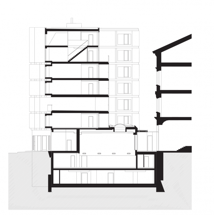 DAM architekti, Bytový dům s tělocvičnou, řez příčný – foto