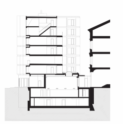 DAM architekti, Bytový dům s tělocvičnou, řez příčný – foto