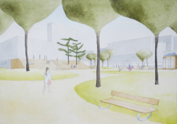 Revitalizace parku a náměstí Krakov v Bohnicích, skica, Rusina Frei architekti