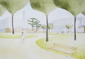 Revitalizace parku a náměstí Krakov v Bohnicích, skica, Rusina Frei architekti
