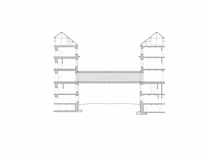 Spojovací lávky VŠCHT, Opočenský Valouch architekti, řez lávky u ulice Technická