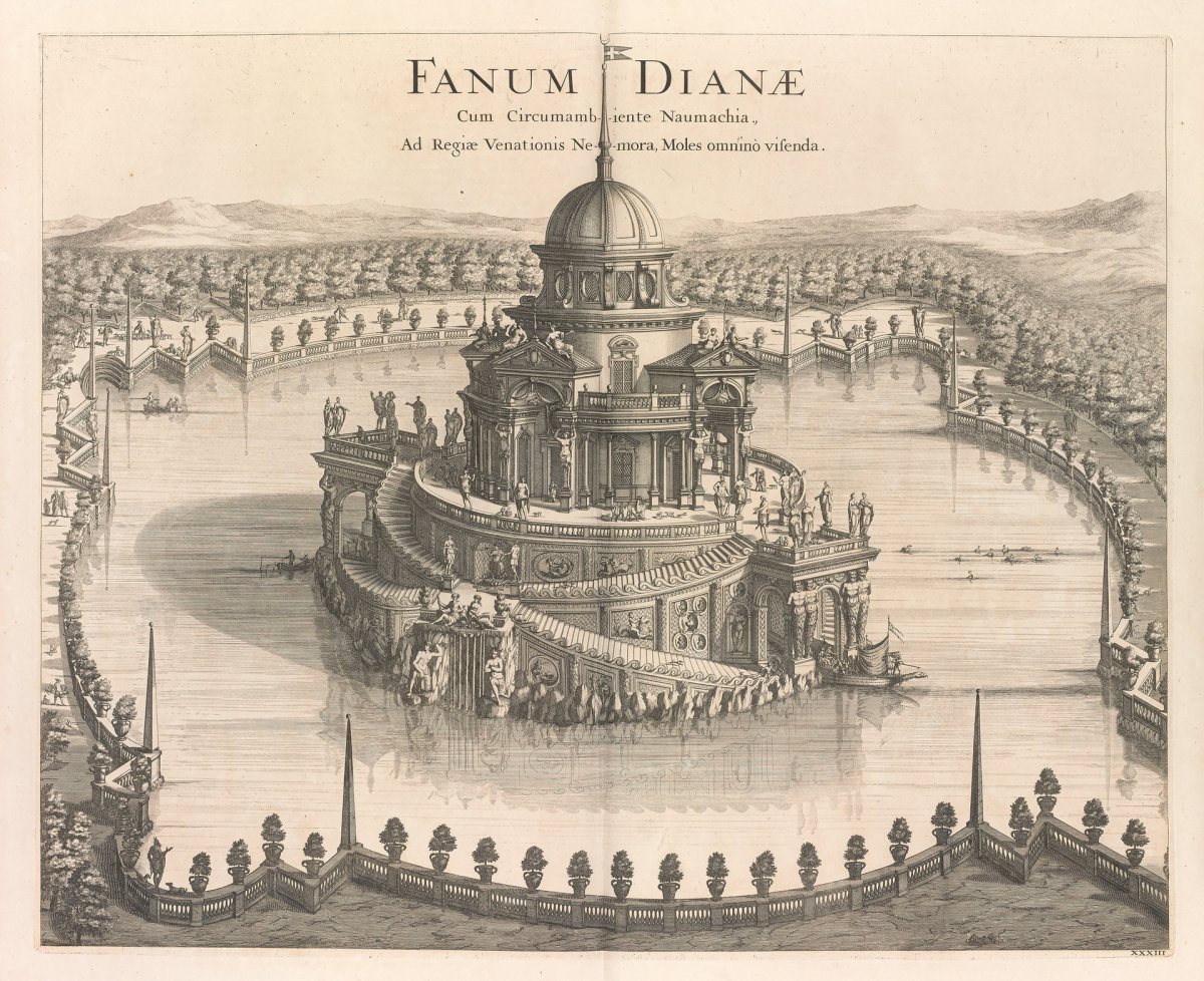 Neznámý rytec, Dianin chrám v zahradě zámku Venaria blízko Turína, 1682, mědiryt z alba Joana Blaeua, Nouum Theatrum Pedemonti et Sabaudiae.
