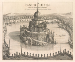 Neznámý rytec, Dianin chrám v zahradě zámku Venaria blízko Turína, 1682, mědiryt z alba Joana Blaeua, Nouum Theatrum Pedemonti et Sabaudiae.