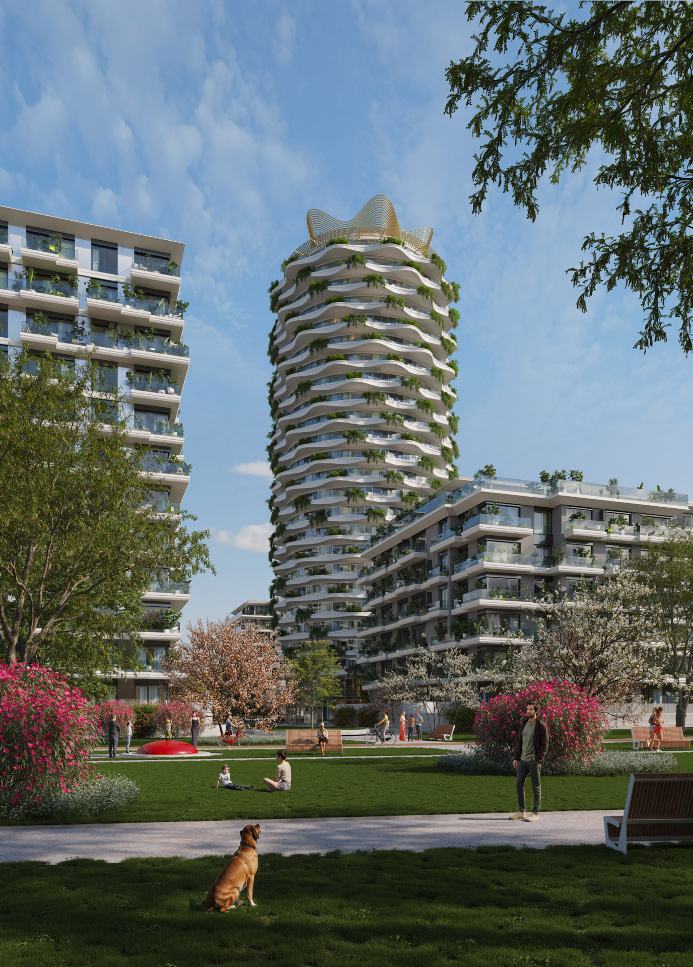 Dominantu lokality tvoří centrálně umístěná rozvlněná věž vysoká 80 metrů s 25 podlažími.