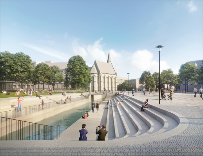 Vítězný návrh nové podoby Senovážného náměstí v Českých Budějovicích - odkrytí a zpřístupnění Mlýnské stoky