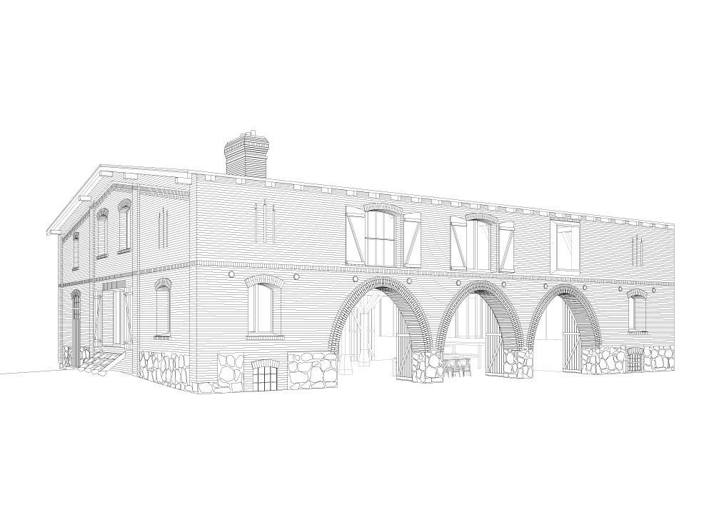 Thomas Kröger Architekten, rekonstrukce stodoly ve Fergitz, axonometrie, výkres