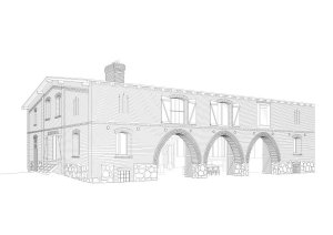 Thomas Kröger Architekten, rekonstrukce stodoly ve Fergitz, axonometrie, výkres