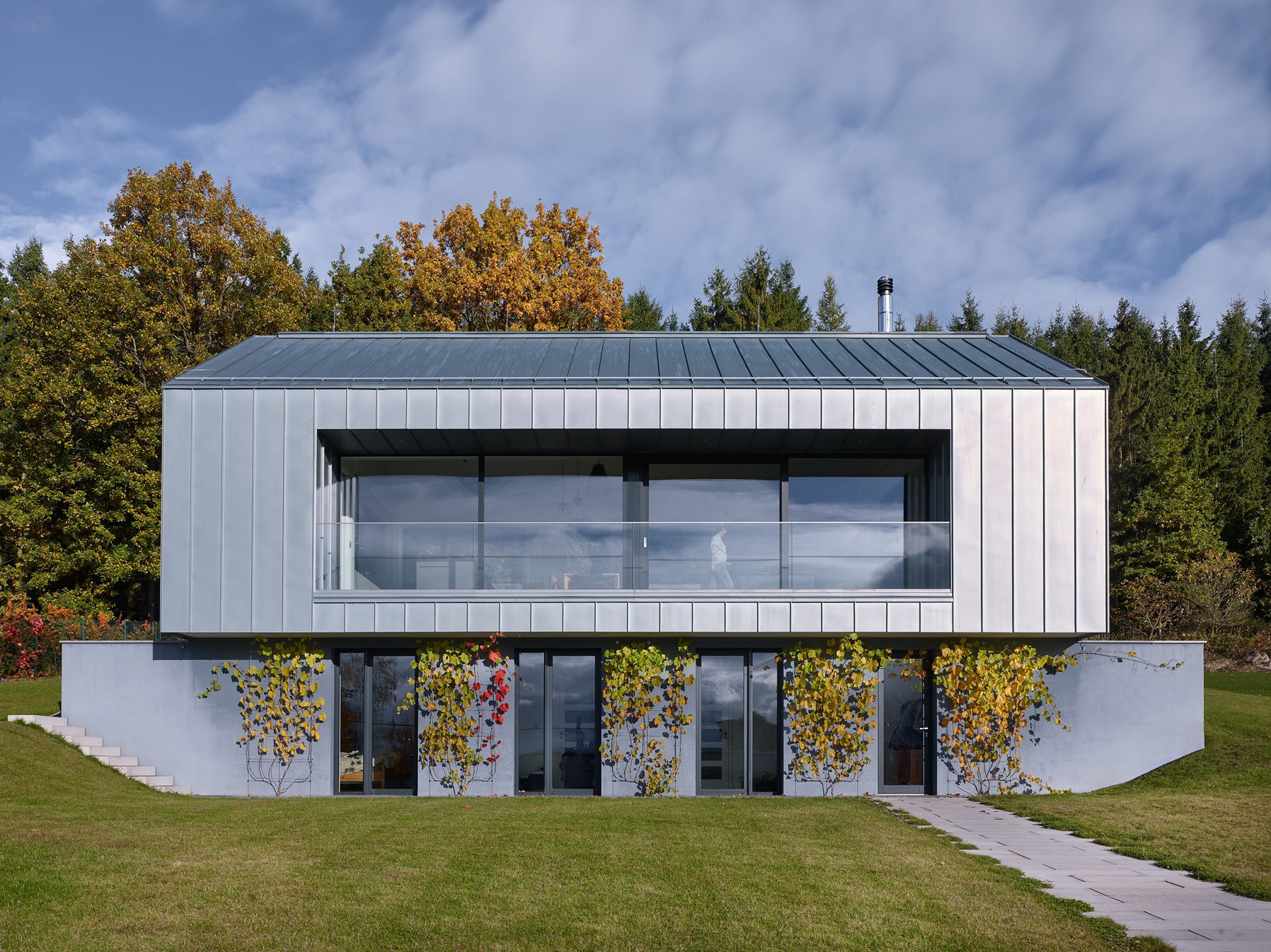 Při pohledu na dům ze spodní části pozemku se objevuje podnož.  (Rodinný dům u Klatov; Stempel Tesař architekti )