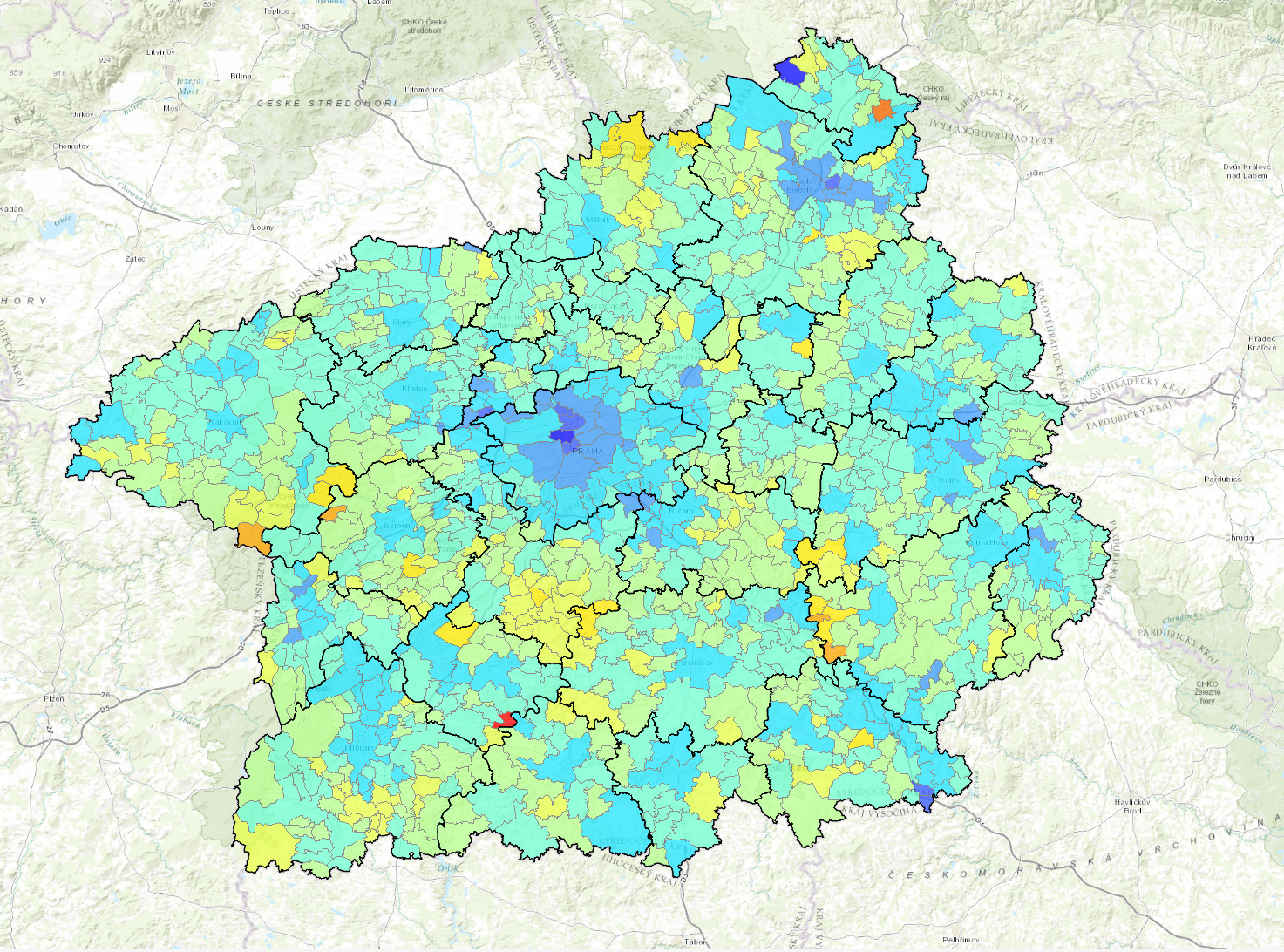 Obr. 4: Žlutě jsou vyznačeny oblasti, do kterých přicestovalo o 60 % více lidí než obvykle. Jde hlavně o Posázaví a Křivoklátsko. Data jsou v&nbsp;tomto případě z pátku 20. 3. 2020.