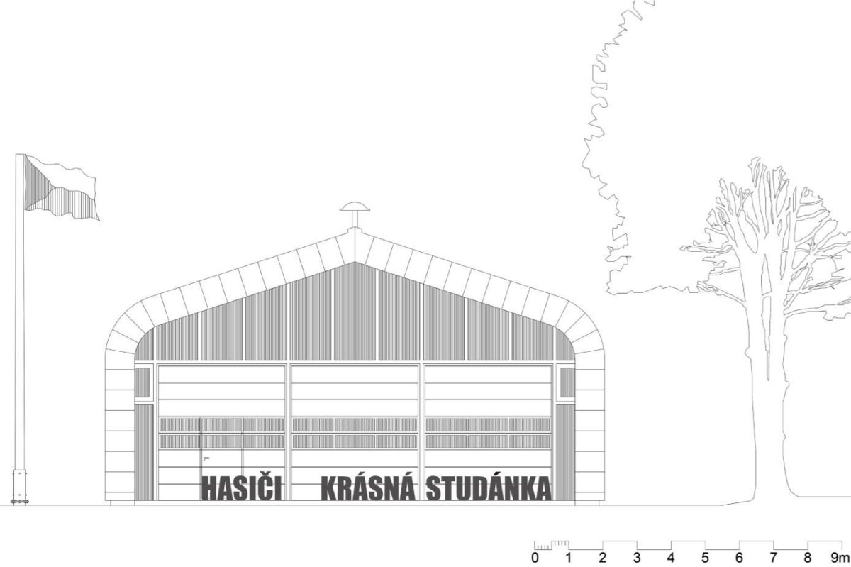 Hasičská zbrojnice Krásná Studánka, čelní pohled, Vojtěch Šrut