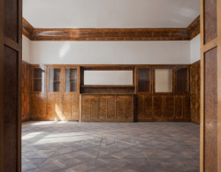 Deštění  a vestavěný nábytek jídelny a pánského pokoje jsou zhotoveny ve dřevě s nápadnou kresbou. (Loosovy interiéry na Klatovské 19)