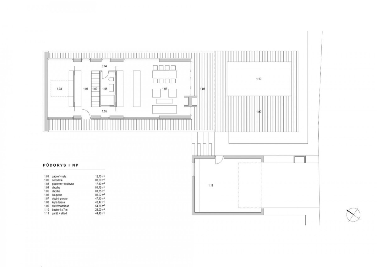 RD Hrabyně II., Atelier38‌ / Tomáš Bindr, Pavlína Harazimová, půdorys 1NP