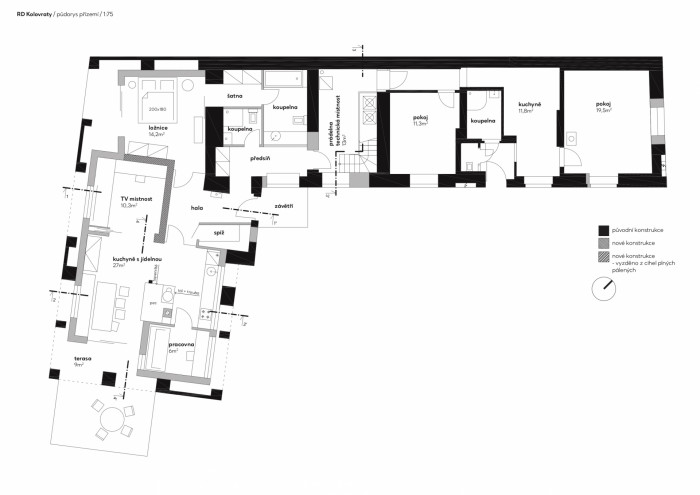 Rekonstrukce rodinného domu v Kolovratech, OTA ateliér (Tomáš Henel, Ondřej Fiala), půdorys