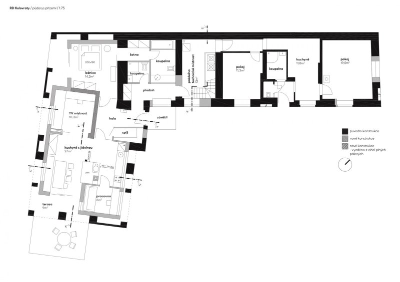 Rekonstrukce rodinného domu v Kolovratech, OTA ateliér (Tomáš Henel, Ondřej Fiala), půdorys
