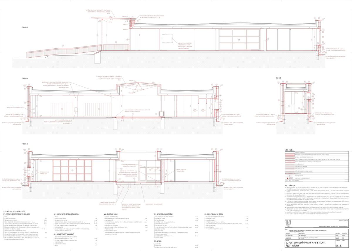 Projekční ateliér David, Rekonstrukce ZŠ a MŠ Helsinská, řezy - foto