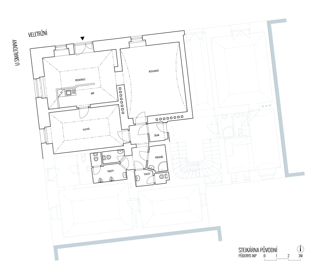skutek architecture, Stejkárna / holešovickej steakhouse, půdorys, původní stav – foto
