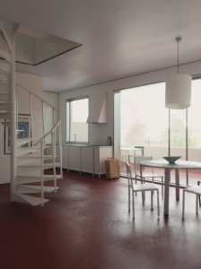 Magisterský ateliér Mikaela Bergquista na KTH pracuje s tématem "Jak bychom měli žít – společně?" (na obrázku: interiér bytového projektu, fotografie modelu, studentská práce)