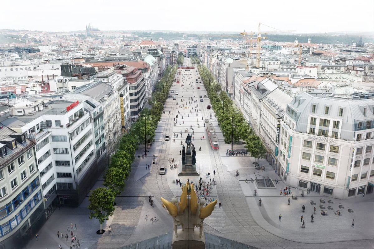 Rekonstrukce Václavského náměstí v Praze prošla aktualizací podle kanceláře Jakub Cigler Architekti. Tramvaje se mají vrátit do roku 2023.