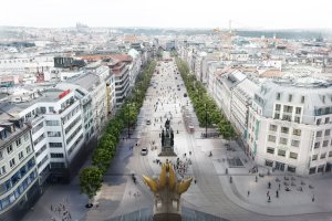 Rekonstrukce Václavského náměstí v Praze prošla aktualizací podle kanceláře Jakub Cigler Architekti. Tramvaje se mají vrátit do roku 2023.