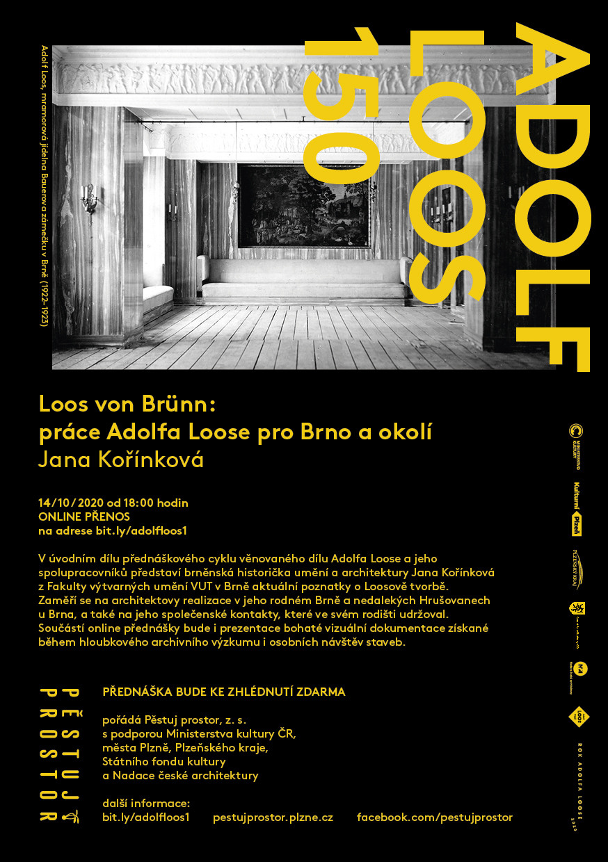 Online přednáška Loos von Brünn: Práce Adolfa Loose pro Brno a okolí s historičkou umění a architektury Janou Kořínkovou, pozvánka. Zdroj: Pěstuj prostor