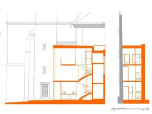 architekti chmelík & partneři, dostavba pokladny a rekonstrukce Bílé věže v Hradci Králové, řez pokladnou, výkres