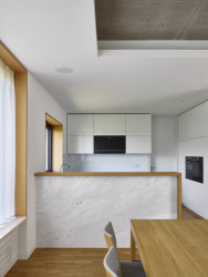 Kuchyně působí minimalistickým dojmem.  (Vila zasazená do krajiny vinohradu; Atelier RAW)