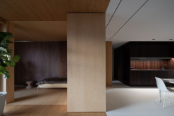 „Odstranili jsme všechny příčky bytu o dispozici 2+kk a nahradili je čtyřmi dřevěnými boxy,“ popisují svůj návrh architekti. (CHYBIK+KRISTOF, Flexibilní bydlení)