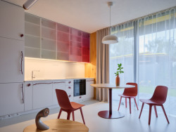 Každý z ateliérů má přibližně 58 metrů čtverečních a otevřenou dispozici. Hlavní obytný prostor doplňuje velké okno, které zároveň funguje jako vstup do zahrady a navazuje na něj terasa. (Bee House; Petr Novák)