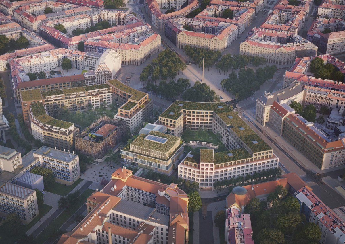 Ptačí pohled na dostavbu 4. kvadrantu, tým 28: A69 – architekti (ČR)