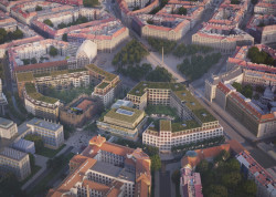 Ptačí pohled na dostavbu 4. kvadrantu, tým 28: A69 – architekti (ČR)