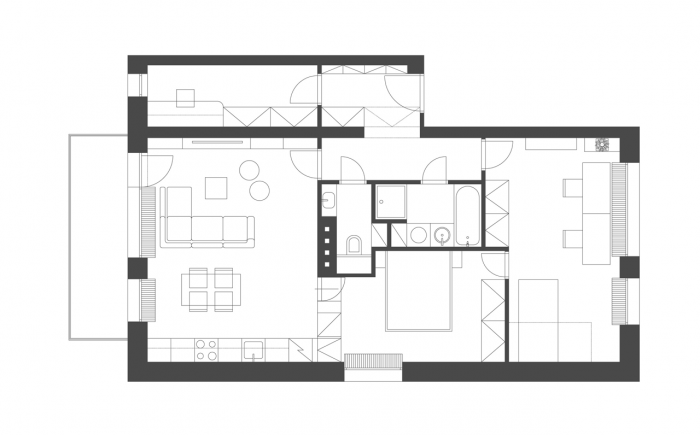 Mooza architecture, Byt na modré vlně, půdorys, nový stav – foto