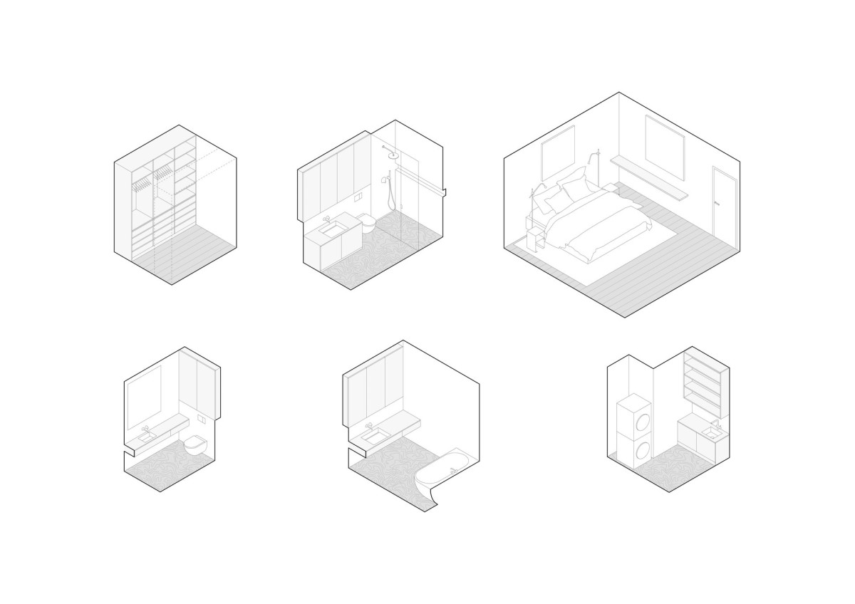 Axonometrie – všechny místnosti (Interiér bytu Flat white; edit! architects)