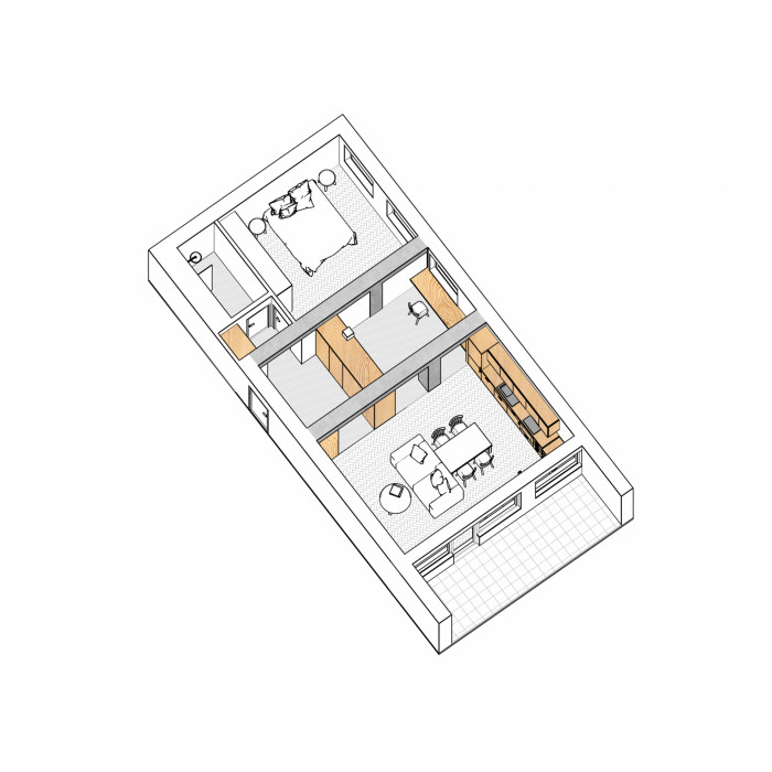 Byt s betonovou konstrukcí, Komon Architekti / Martin Gaberle, axonometrie