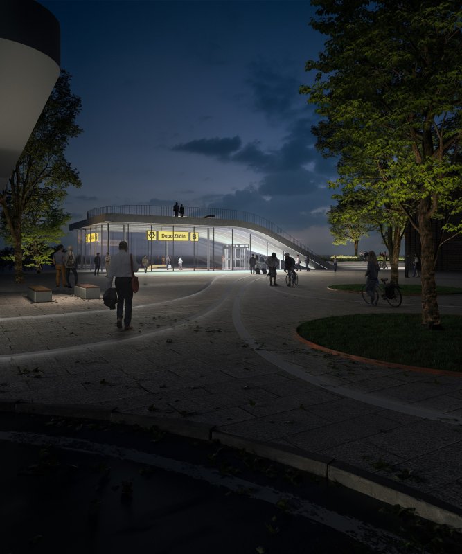 Vizualizace návrhu Lasovsky Johansson Architects - hlavní vstupní průčelí stanice