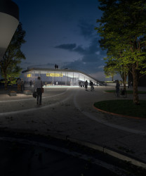 Vizualizace návrhu Lasovsky Johansson Architects - hlavní vstupní průčelí stanice