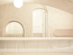 Podlahy jsou pokryty velkoformátovými dlaždicemi, stěny cementovou stěrkou