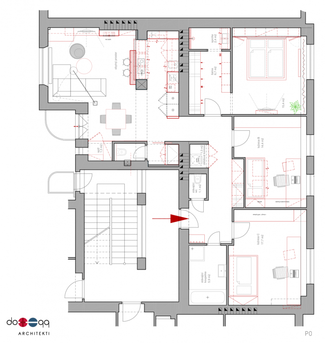 dotegg architekti s. r. o., Půdní byt v Holešovicích, půdorys, nový stav - foto
