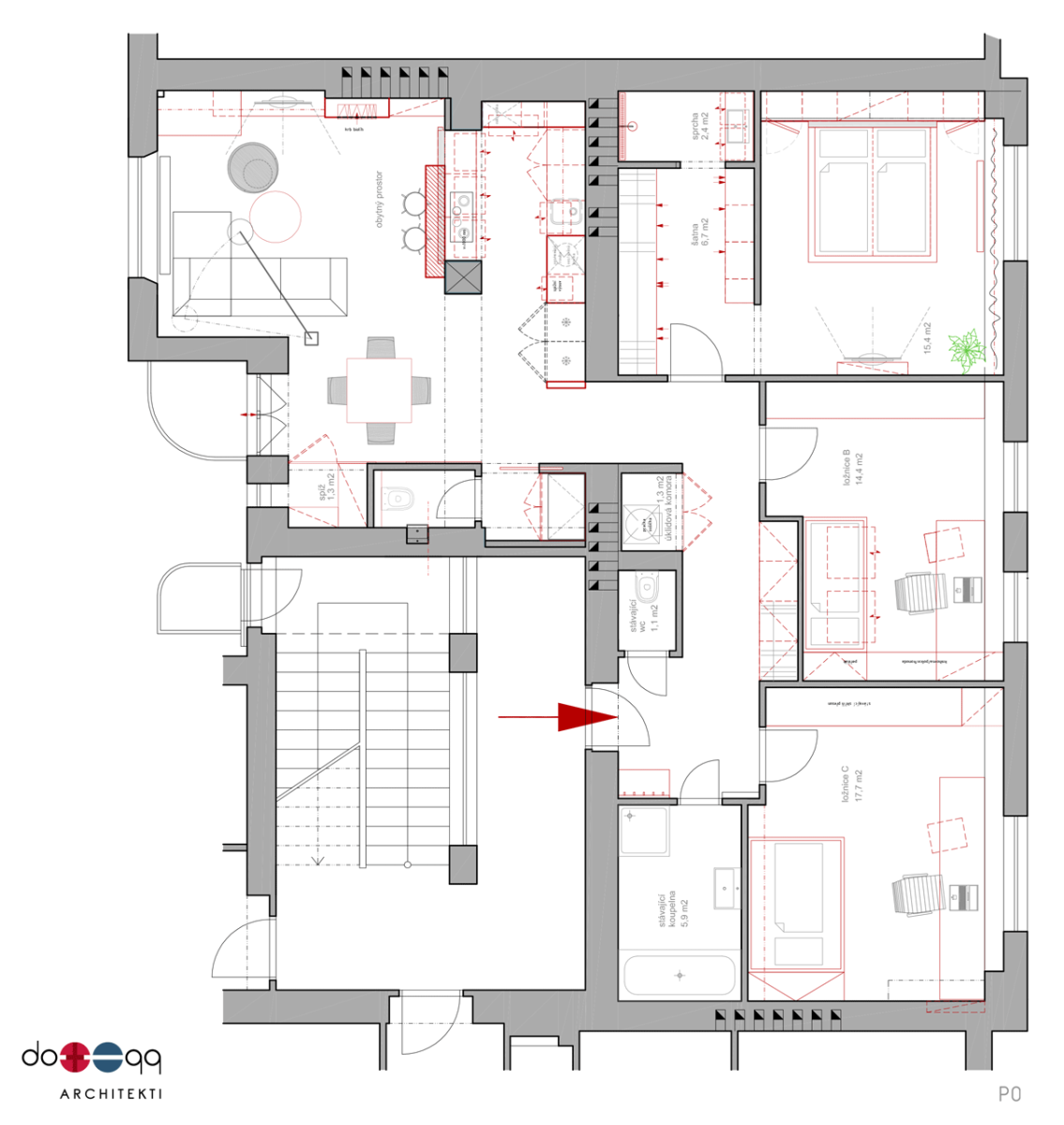 dotegg architekti s. r. o., Půdní byt v Holešovicích, půdorys, nový stav - foto