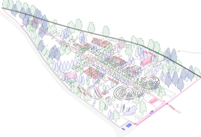 Axonometrie - Studie revitalizace a plán rozvoje hřbitova v České Kamenici, krajinné řešení Alice Boušková - 2023
