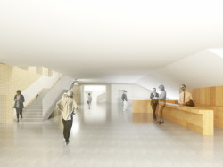 Připravovaný koncertní síň v Ostravě podle návrhu amerického studia Steven Holl Architects + Architecture Acts z Prahy, chodba u nového sálu 3. podlaží.