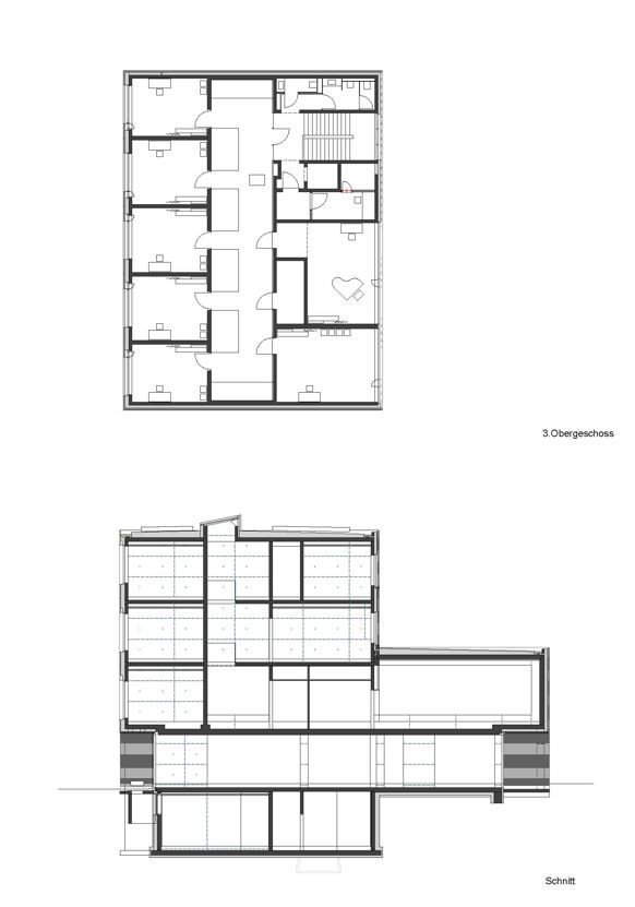 Hudební škola a knihovna ve Wolfurtu, půdorys a řez, Fink Thurnher Architekten