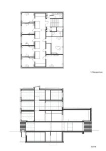 Hudební škola a knihovna ve Wolfurtu, půdorys a řez, Fink Thurnher Architekten