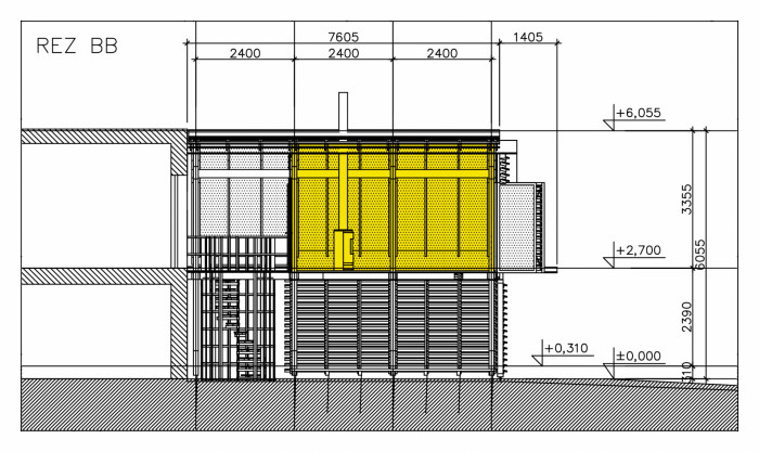 Přístavba v Jižních Čechách, Huť architektury Martin Rajniš, řez