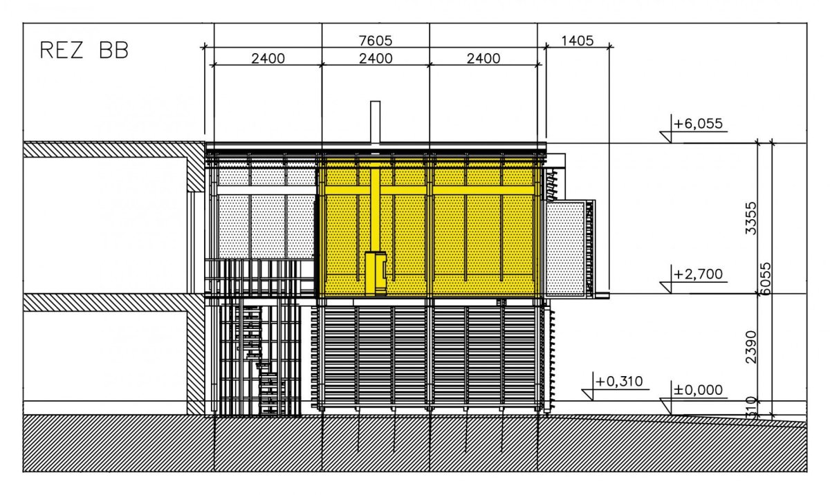 Přístavba v Jižních Čechách, Huť architektury Martin Rajniš, řez